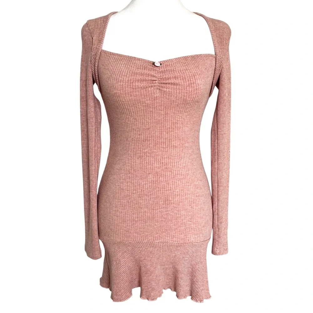 Pink Long Sleeve Floral Ribbed Mini Dress 90s Y2K Fairy Coquette Babydoll M - Picture 7 of 7